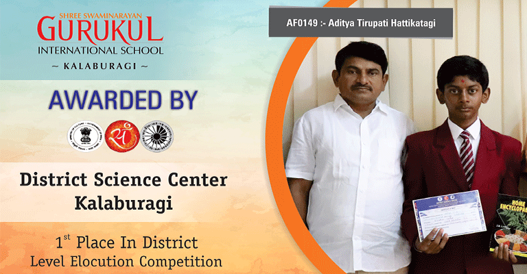 Awarded by District Science Center, Kalaburgi on Elocution Competition – Swaminarayan Gurukul