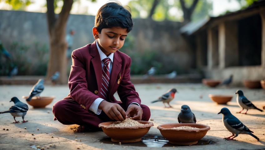 Feed birds by placing water and grains in a bowl outside.