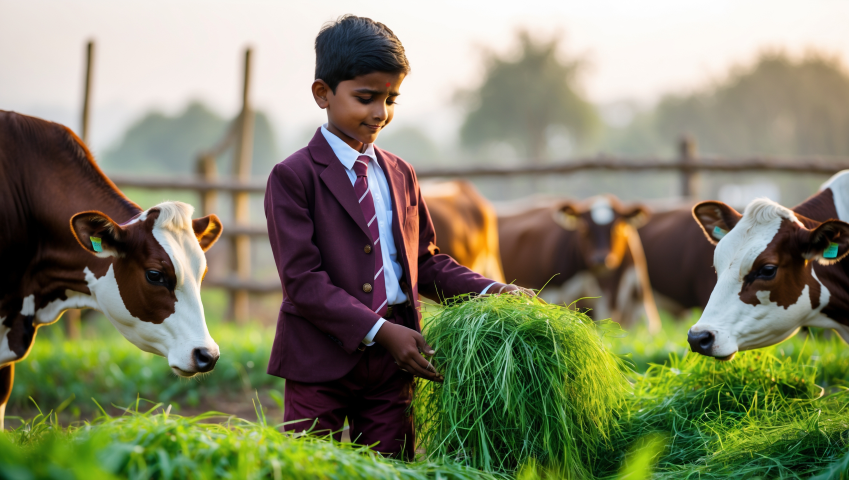 Feed grass to cows.