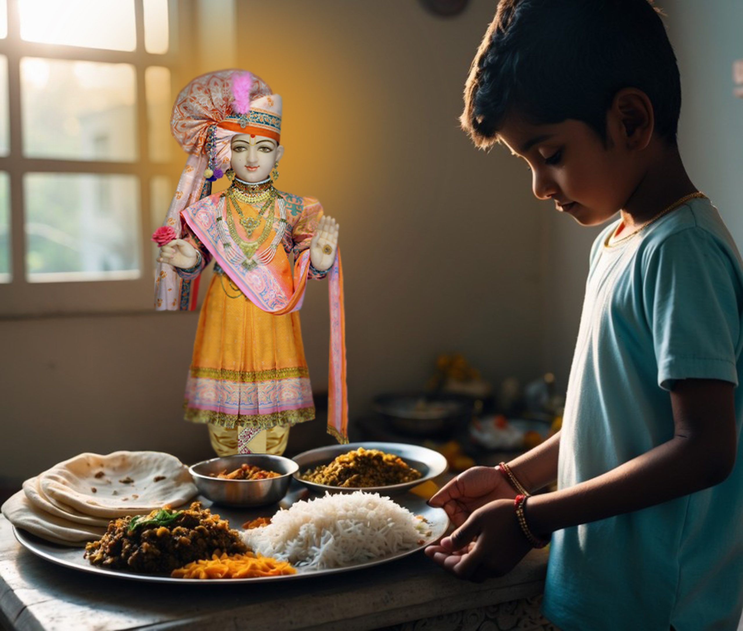 Offer Thal (food) to God every day in the morning, afternoon, and evening.