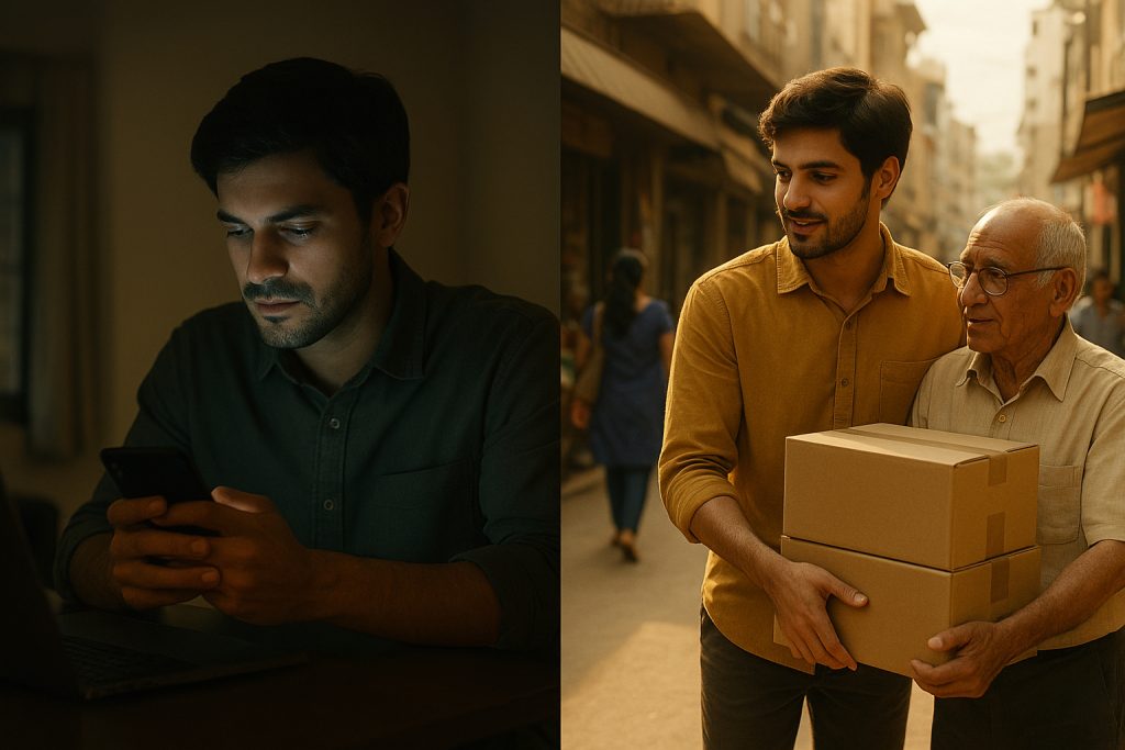 Contrast Between The Digital World And Real-Life Interactions, Showing A Young Man Engaged With His Phone In An Online Setting Versus Actively Helping An Elderly Man Offline In A Community Setting