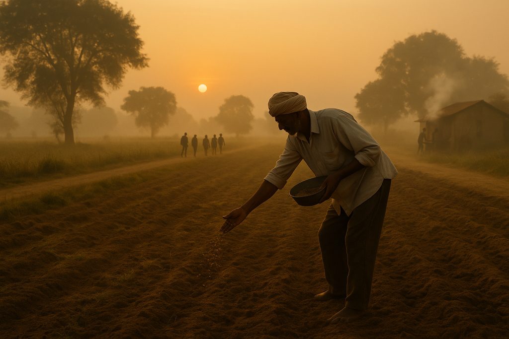 Farmer Sowing Seeds In A Field At Sunrise, Representing Hard Work, Agriculture, And Rural Life In India