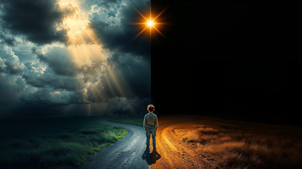 A person stands at a crossroads where the path splits between two contrasting landscapes: on the left, dark storm clouds with rays of sunlight breaking through, and on the right, a dry, barren land under a starry night sky with a glowing star above.
