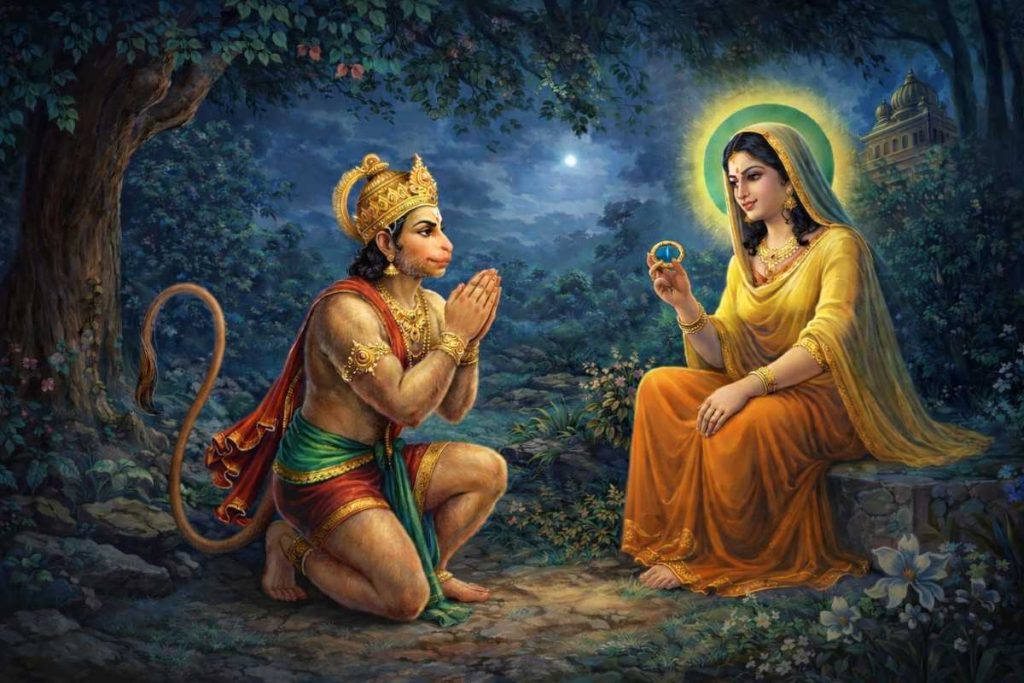 Bowing Before Sita After Revealing Lord Rama’s Ring As Proof Of His Devotion.