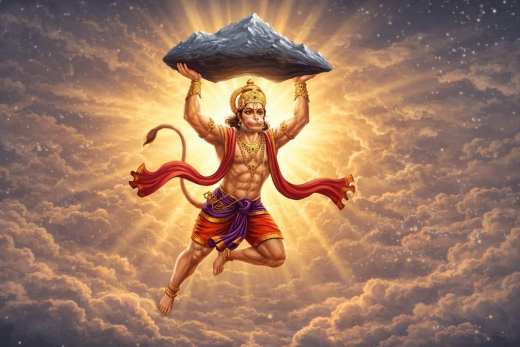 Hanuman Carrying The Sanjeevani Mountain Through The Sky.