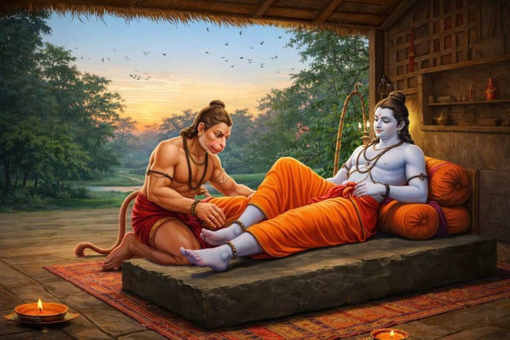 Hanuman Kneeling In Devotion And Gently Serving Lord Rama’s Feet Inside A Peaceful Hut At Sunset, With Warm Light Glowing Around Them.