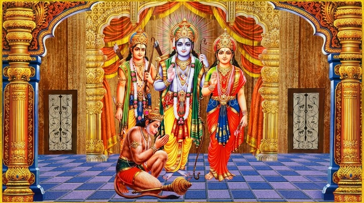 Ram Darbar Scene With Lord Rama, Sita, Lakshmana, And Hanuman Kneeling In Devotion.
