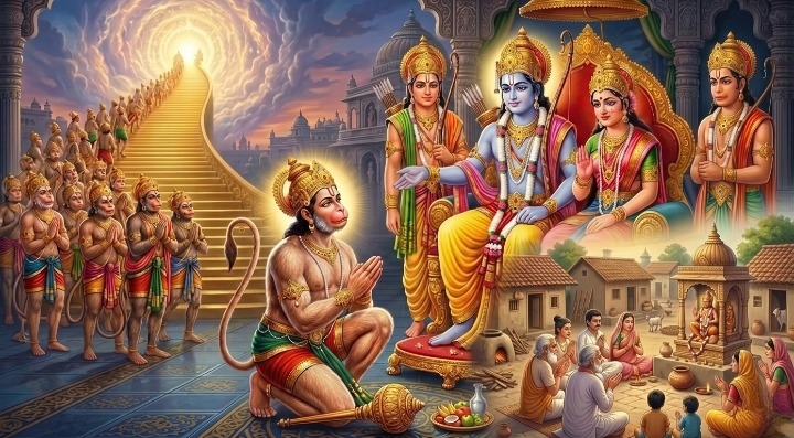 Gemini Said A Vibrant Hindu Devotional Painting Depicting Rama, Sita, And Their Brothers On A Throne; Kneeling Hanuman In The Foreground; Vanaras Ascending Golden Stairs; And A Village Scene With Human Worshippers.
