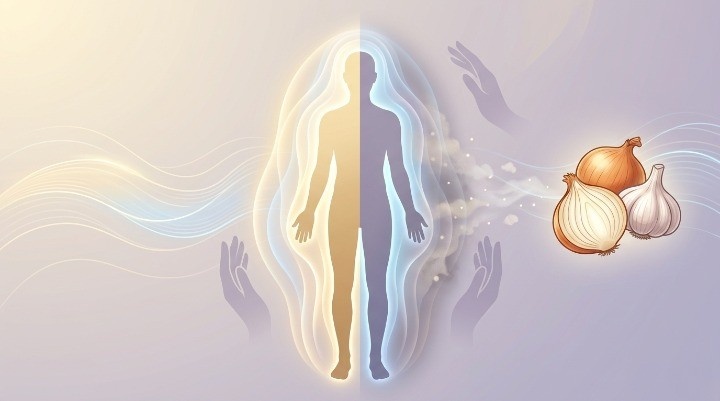 Illustration Showing Onion And Garlic Affecting The Human Energy Aura In Spiritual Wellness Practices