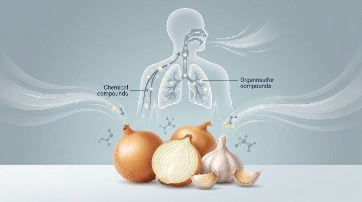 Educational Illustration Showing How Onion And Garlic Compounds Travel Through The Body And Cause Long-Lasting Breath Odor.
