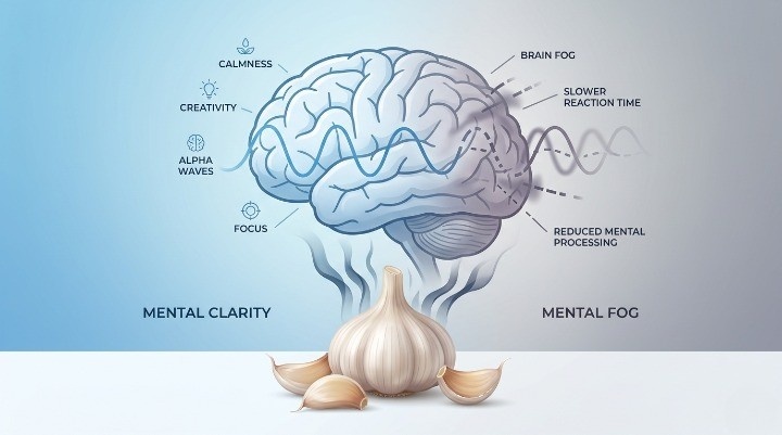 Illustration Showing Garlic Disrupting Calm Alpha Brain Waves And Affecting Mental Clarity And Focus.