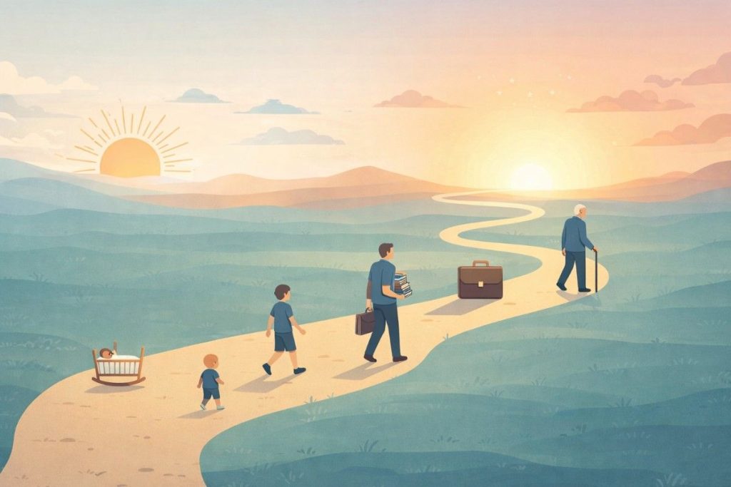 Illustration Of The Human Life Journey From Birth To Old Age Walking Toward A Glowing Horizon.