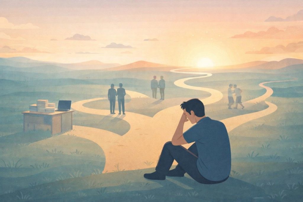 Man Sitting At A Crossroads Thinking About Life Choices And Regrets.