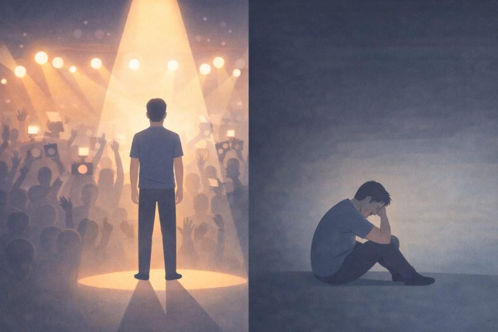 Person Under Stage Spotlight With Cheering Crowd Contrasted With The Same Person Sitting Alone In Shadow.
