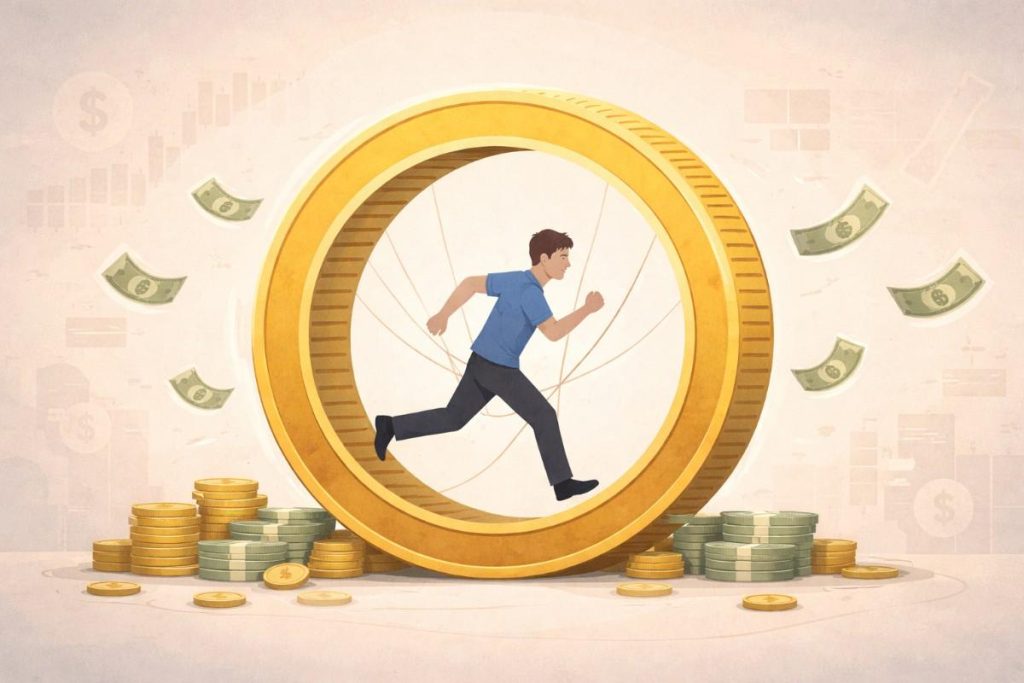 Person Running In A Hamster Wheel Shaped Like A Coin Symbolizing The Chase For Wealth.