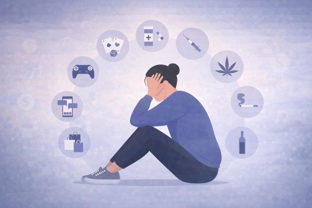 Person Sitting Overwhelmed Surrounded By Symbols Of Instant Pleasures And Addictions.