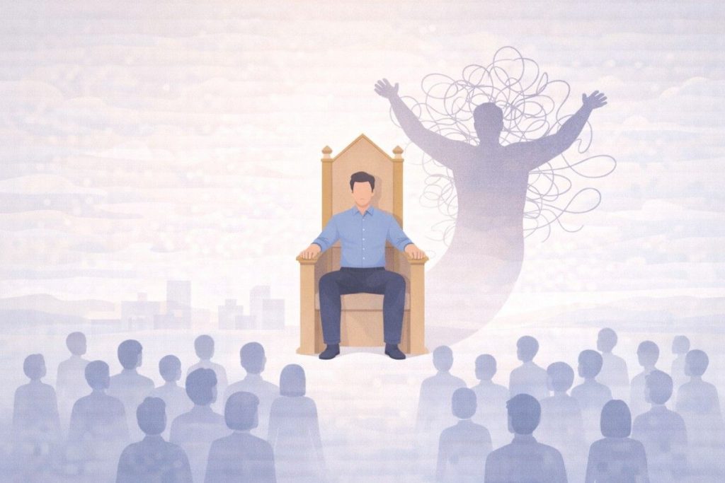 Leader On A Throne With A Tangled Shadow Symbolizing Power Without Self-Mastery.