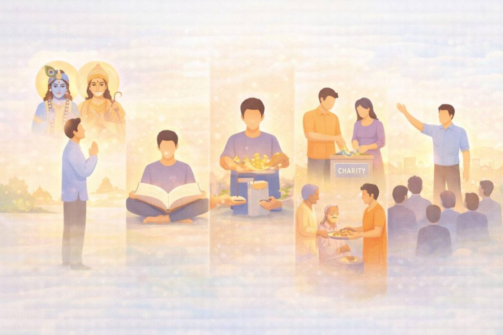 Five Positive Life Shifts Including Blessings, Scripture, Charity, Seva, And Uplifting Leadership.