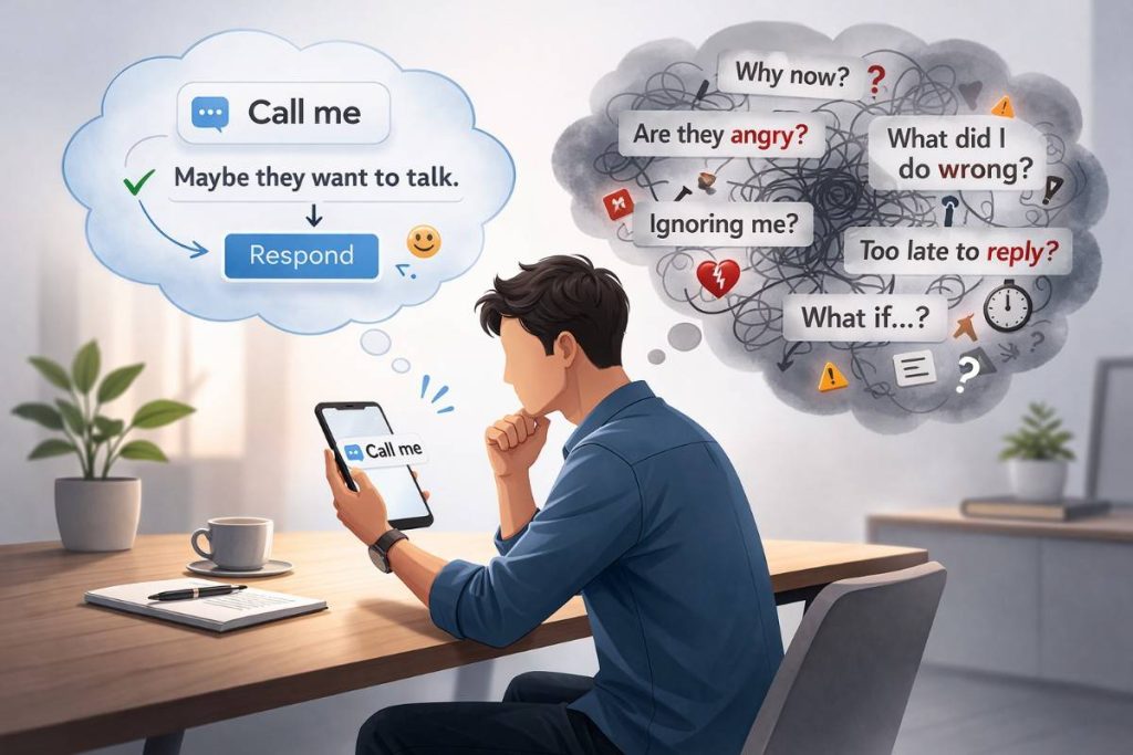 Faceless Person Viewing A Message With Two Thought Bubbles Showing Neutral Event Versus Overthinking Story