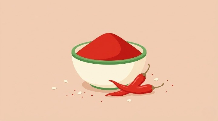 Flat Digital Illustration Of Red Chilli Powder In A Bowl With Dried Chillies For Ugadi Pachadi Ingredient.