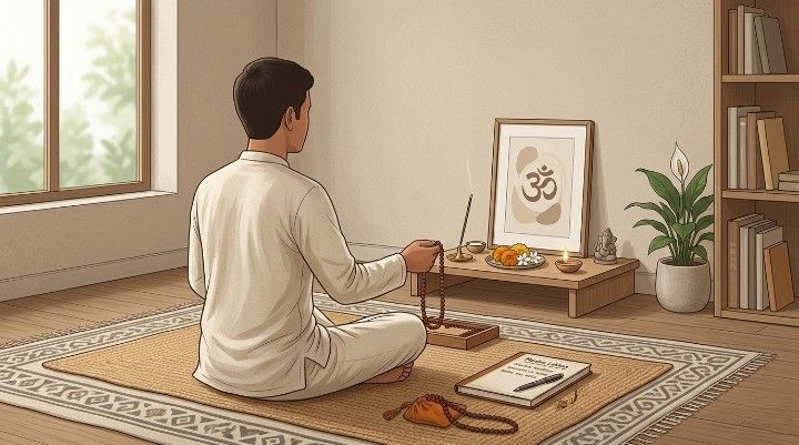 Illustration Of Devotional Activity Like Mala And Chanting Showing Calm Mind And Improved Focus