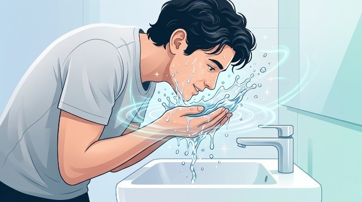 Illustration Of Splashing Cold Water On Face To Refresh Mind And Boost Alertness Instantly.