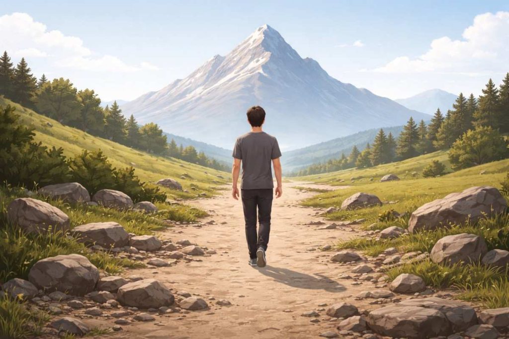 Professional Modern Digital Illustration In A Clean Semi-Realistic Style Representing Focus On A Higher Goal. The Scene Shows A Pathway With Small Obstacles Like Stones Or Uneven Ground In The Foreground, Symbolizing Everyday Problems. In The Distance, A Clear Mountain Peak Or Elevated Destination Is Visible, Representing A Higher Goal Or Purpose. Include A Small Faceless Human Figure (Back View, Minimal Detail) Walking Toward The Mountain With Steady Posture, Focusing On The Goal Rather Than The Obstacles. The Composition Should Emphasize Depth And Direction, Guiding The Viewer’s Eye From The Small Obstacles Toward The Larger Goal. Use A Professional Color Palette — Neutral Tones For The Foreground And Clear, Balanced Tones (Soft Blue Sky, Natural Landscape Colors) Toward The Goal. Style: Clean Digital Illustration, Semi-Realistic Environment, Minimal Composition, Natural Lighting, Faceless Character Design, Editorial Concept Style, No Glowing Effects, No Exaggerated Ai Features, No Cartoon Look, Blog-Friendly Design, 16:9 Aspect Ratio.