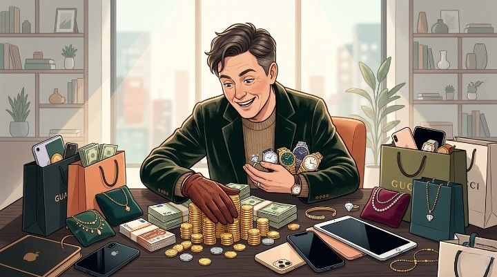 Material Possesion, The Power To Defeat Kali! Person Surrounded By Money, Gold, And Luxury Items Symbolizing Material Obsession In Kali Yug.