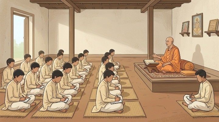 Satsang In A Gurukul Setting Listening To A Saint For Spiritual Guidance And Learning.