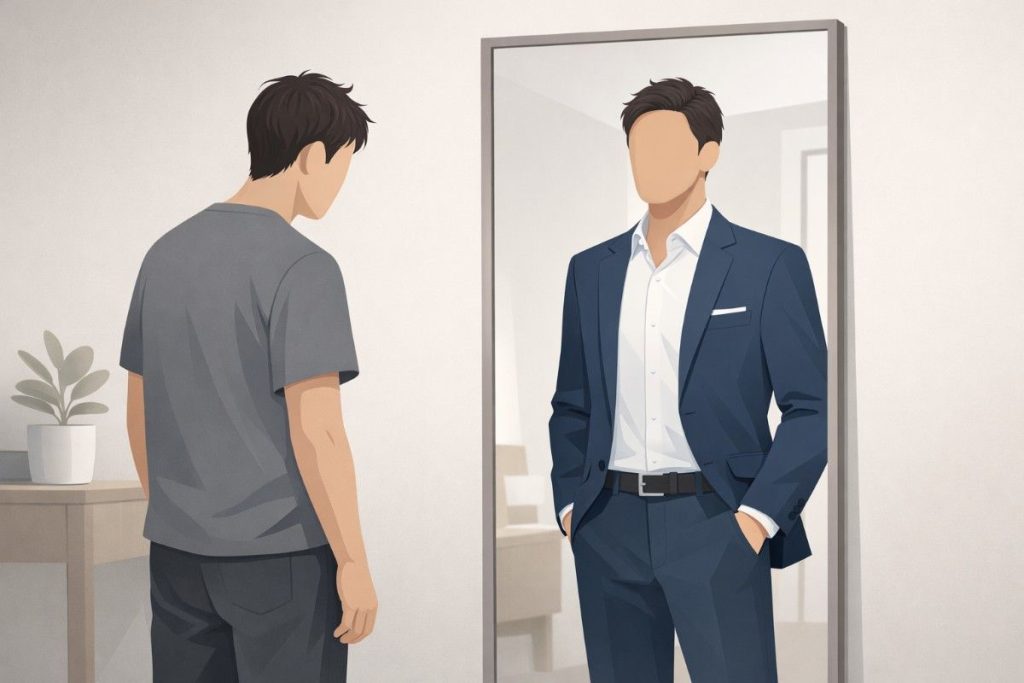 Faceless Illustration Showing A Person With Low Confidence Outside And A Confident Professional Version In The Mirror Representing Self-Image.