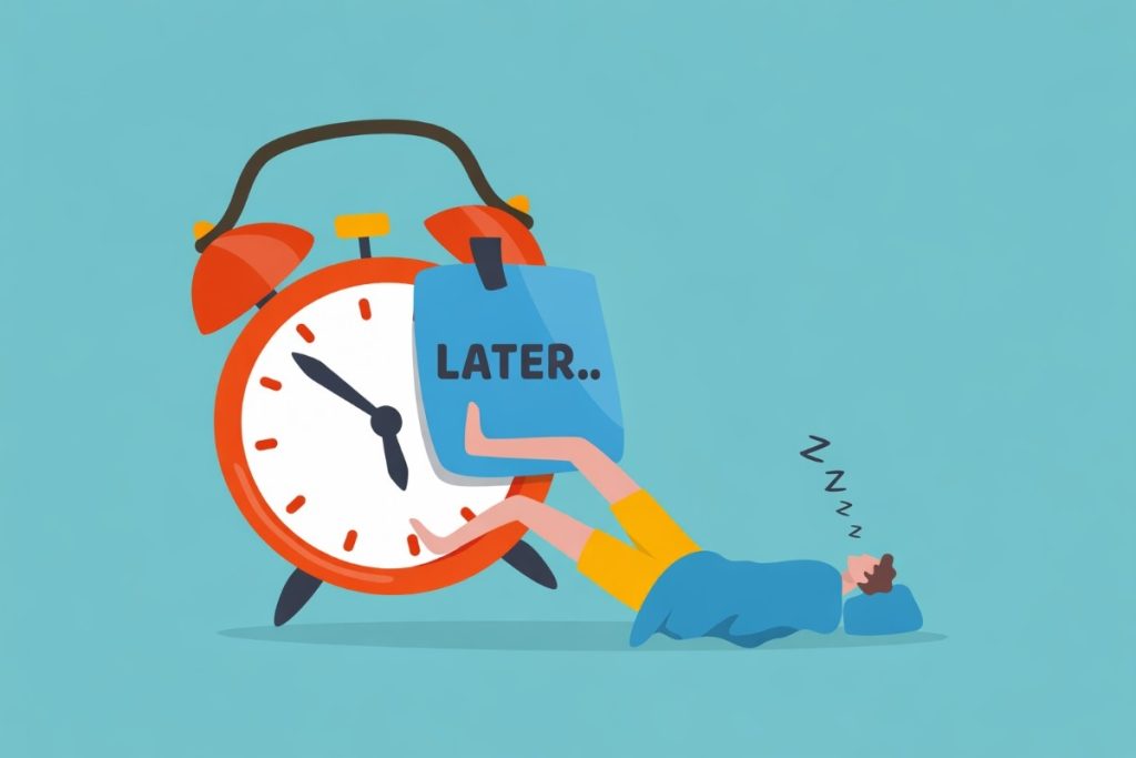 Faceless Digital Illustration Of Procrastination Showing A Person Sleeping Next To A Large Alarm Clock With ‘Later’ Note, Representing Time Waste, Delay, And Hidden Consequences Of Habits
