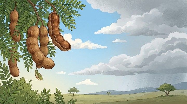Modern Digital Illustration Of Tamarind Pods On A Branch With A Background Transition From Sunny Sky To Rain.