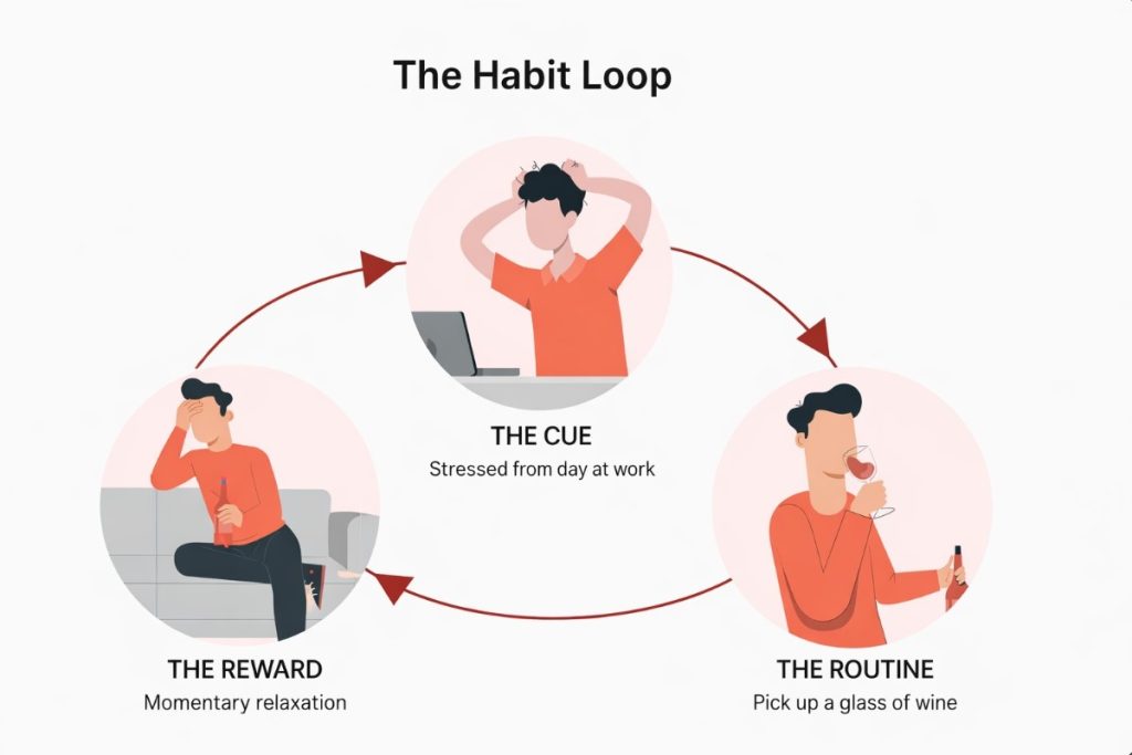 Habit Loop Diagram Showing Cue, Routine, And Reward Addiction Cycle Illustration