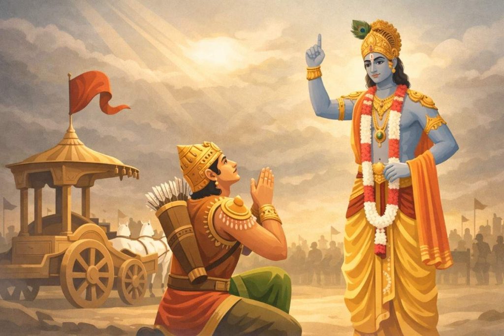 Krishna Guiding Arjuna On Battlefield With Divine Wisdom