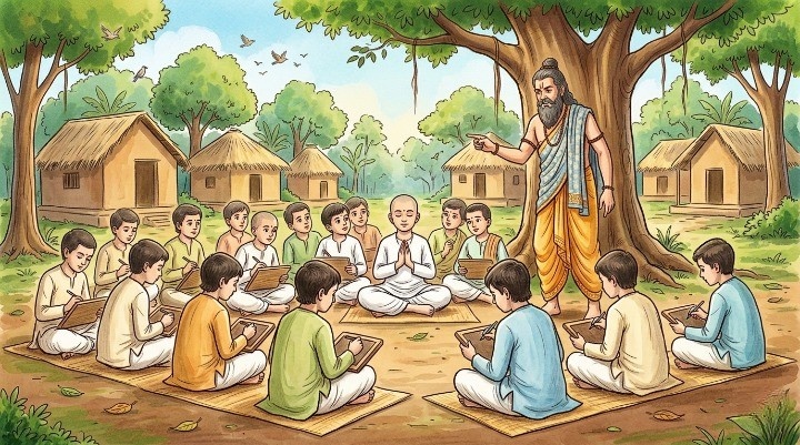 A Traditional Indian Ashram With A Guru Teaching Students.