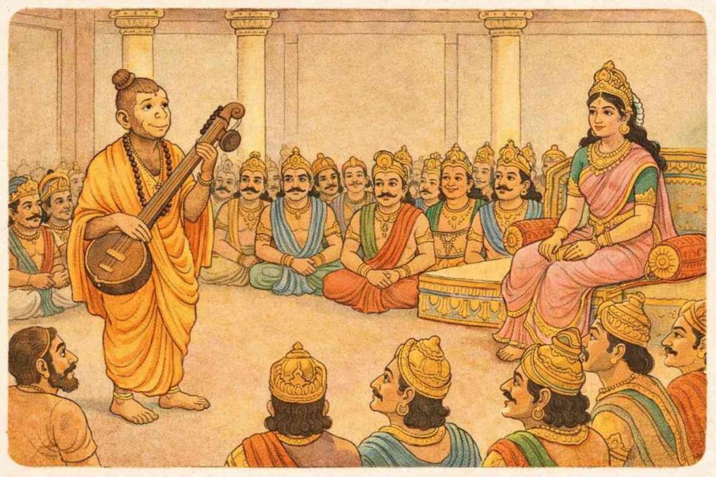 Narad Muni With A Subtle Monkey Face At A Royal Swayamvar, Princess Vishwa Mohini Seated, In Vintage Amar Chitra Katha Style.